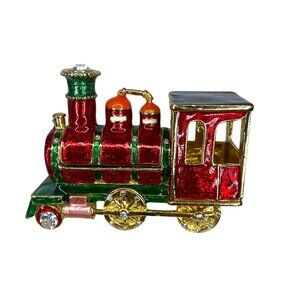 Steam Train Jewelry Trinket Box Hinged Enameled Crystal Ornaments collectable